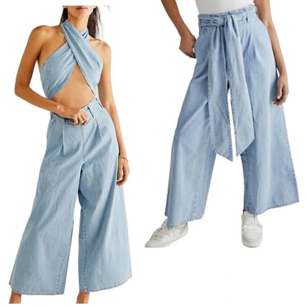 Free People Size LARGE Sasha Convertible Wide Leg Jeans Pocket Jumpsuit